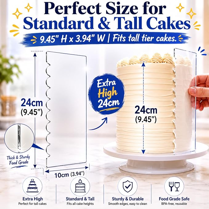 6 Pack Cake Scraper Set, 9.45" Cake Edge Smoother Decorating Comb | Acrylic Cake Scraper Set Clear Frosting Scraper for Buttercream, Ganache, Fondant, Mousse, Perfect for Home Baking & DIY