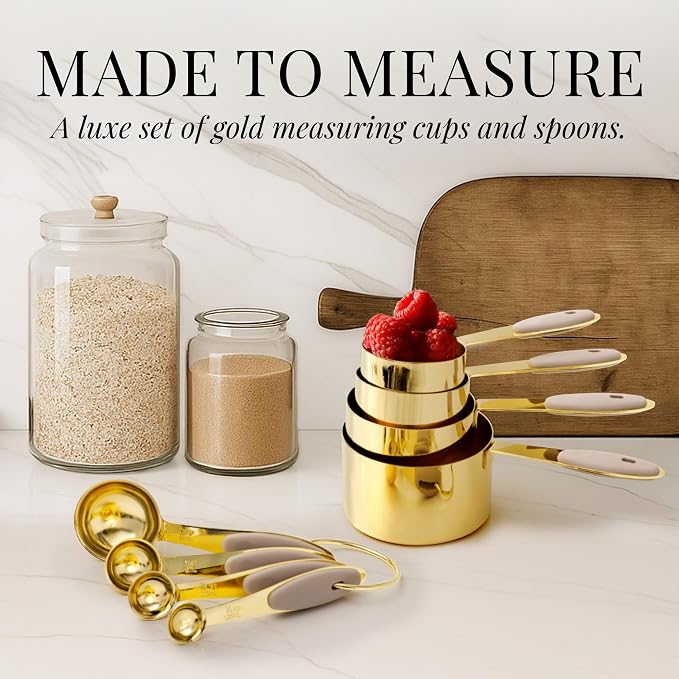 Gold Measuring Cups and Spoons Set – 8-Piece Brass Measuring Set with Beige Silicone Handles for Comfortable Grip – Stainless Steel, Stackable, Gold Kitchen Accessories for Baking & Cooking