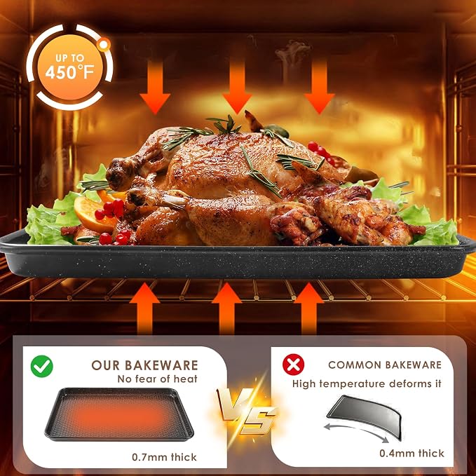 Baking Sheet Pan Set of 3, Nonstick Carbon Steel Cookie Sheets with Texture | Commercial Half/Quarter/Jelly Roll Pans Replacement Toaster Oven Tray, Heavy Duty & Easy Clean, Black