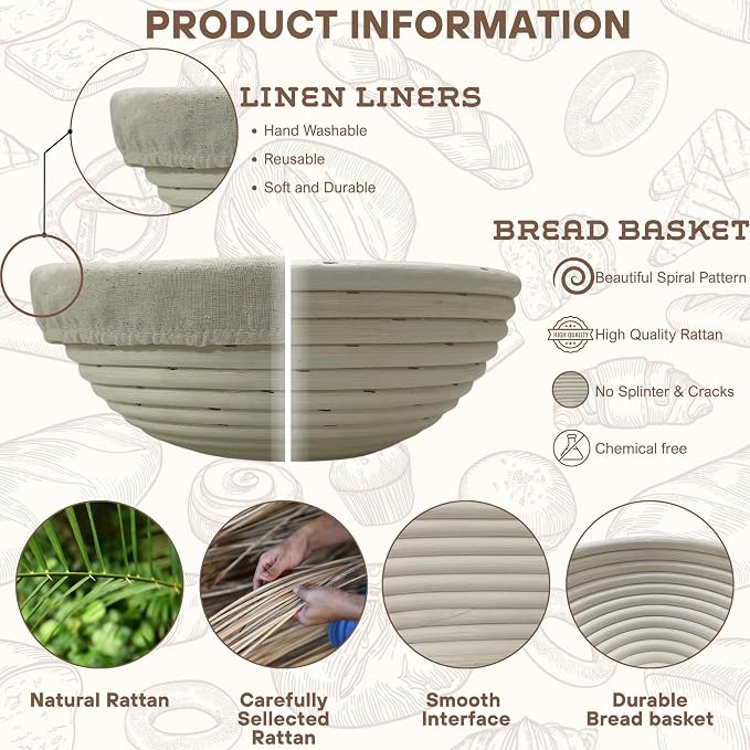 [Upgraded] Banneton Bread Proofing Basket 2 pack 9" Round With Liner, Natural Rattan Bread Basket Perfect for Professional & Home Sourdough Bread Baking, Artisan Sourdough Bread. (Set 2 pack 9" Round)