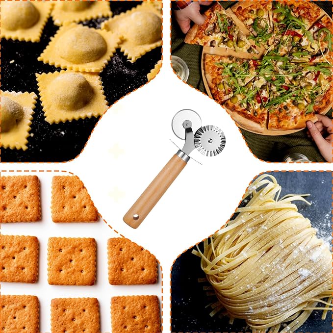Oruola Pasta Wheel Cutter, Double Fluted Pastry Cutter Wheel,Double-Blade Ravioli Cutters,Stainless Steel Double Roller Dough Cutters with Wooden Handle for Pizza,Ravioli,Cookies