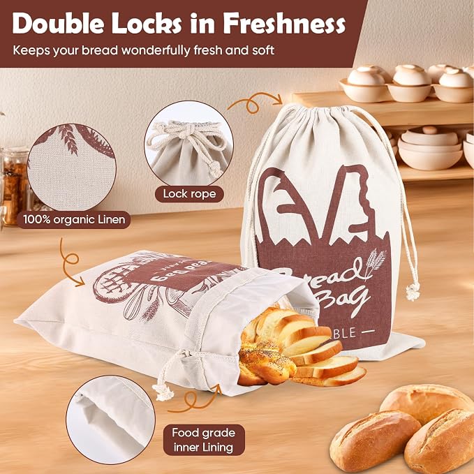 Bread Bags, 2 Pack Bread Bags Reusable Linen with Plastic Lining, Large 17“×13”Homemade ‌Loaf Storage Bags Bread Box for Artisan Bread, Round Loaf, Sourdough