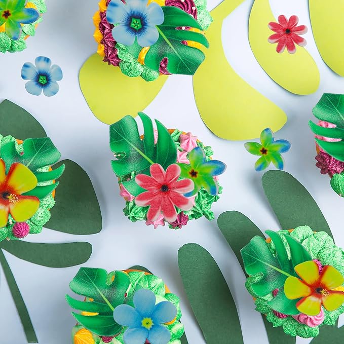 83pcs Edible Tropical Turtle Leaves Flower Cupcake Toppers Wafer Paper Palm Leaf Flower Cake Topper Edible Cake Decoration for Hawaii Aloha Jungle Summer Theme Wedding Birthday Baby Shower