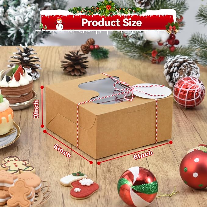 COTOPHER 30Pcs Christmas Cookie Boxes With Window, 6x6x3 Inch Brown Bakery Box for Gift Giving, XMAS Treat Holiday Pastries Box for Cakes Muffins Donuts Chocolate Strawberries