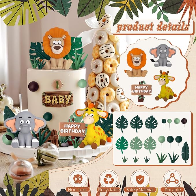 23pcs Safari Animal Cake Topper, Jungle Wild Cake Toppers with Leaves Balls Cake Decorations for Safari Animals Themed Birthday Party Decorations (Jungle Wild Animal Style)