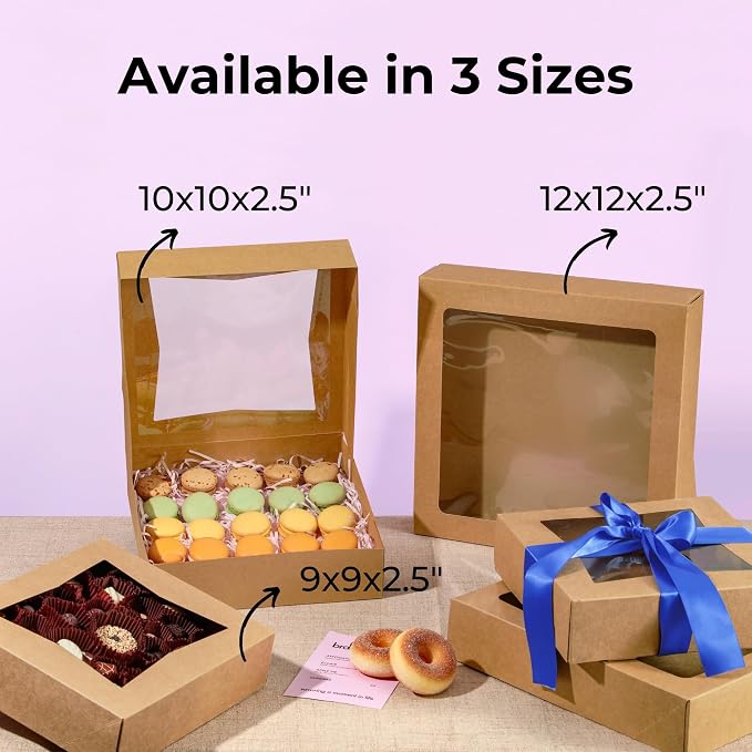 Fit Meal Prep 25 Pack Pie Boxes, 12 x 12 x 2.5 Inches Kraft Bakery Boxes with Window, Auto-Popup Treat Boxes for Donuts, Cookies, Pastries, Ideal for Party, Christmas, Valentine's Day