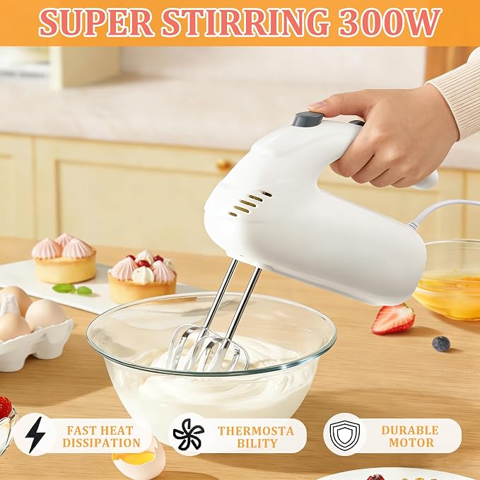 300W Hand Mixer Electric Handheld, 5 Speed Lightweight Kitchen Blender, Turbo Boost/Self-Control Speed Hand Held Beater Mixer with 4 Stainless Steel Whisks for Baking Cakes Eggs Cream, White