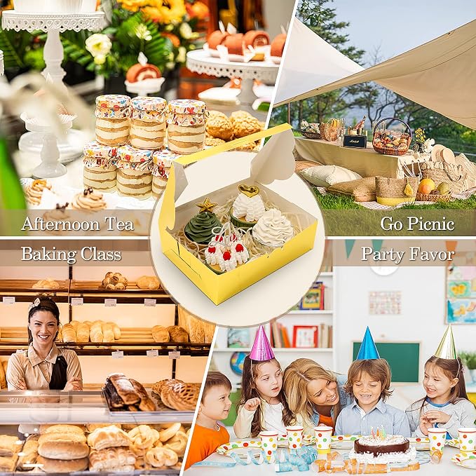 KPOSIYA 65 PCS 8x6x2.5 Inch Cookie Boxes with Window Gold Bakery Boxes Pastry Boxes for Gift Giving, Treat, Dessert, Cupcakes, Chocolate, Strawberries, Donuts, Muffins (5 Style Windows)