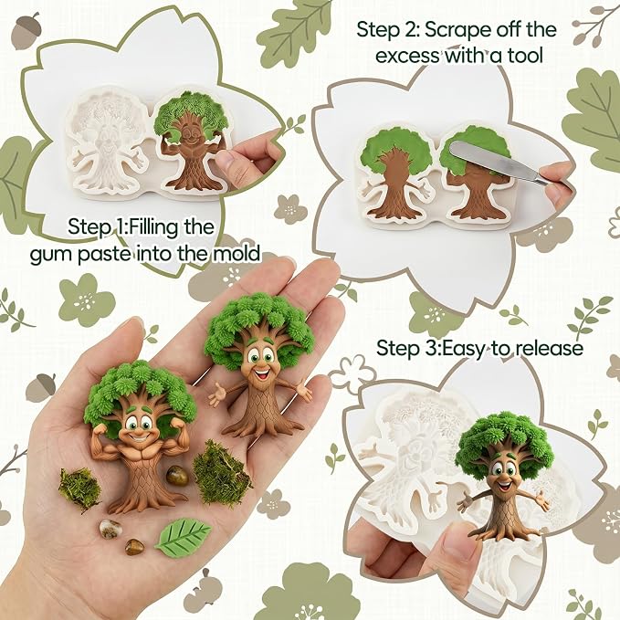 1Pc Cartoon Strong Tree Silicone Mold 2-Cavity Enchanted Forest Plant Cake Decorating Fondant Mold for Flexible Gum Paste Pastry Baking Tool Woodland Party Cupcake Toppers Chocolate