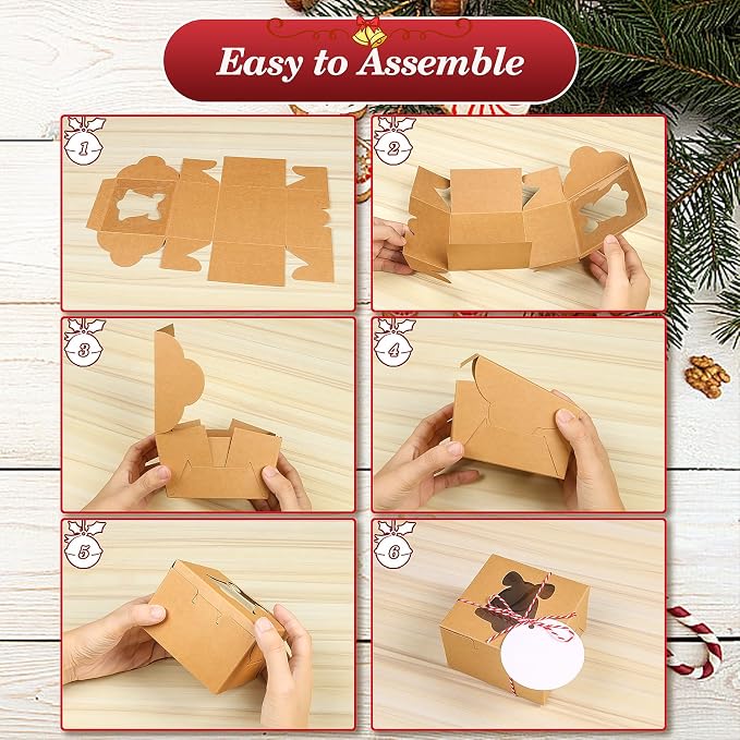 COTOPHER 18Pcs Christmas Cookie Boxes with Window, 4x4x2.5 inch Kraft Brown Bakery Boxes for Gift Giving, Mini Cake Boxes for Treat Donuts Chocolate Strawberries Pastries Muffins
