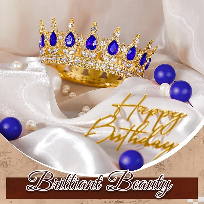 8 Pcs Gold and Blue Queen Crown Cake Topper for Women, Happy Birthday Cake Toppers Foam Balls Rhinestone Crystal Tiara Wedding Decoration for Princess Party Photo Props