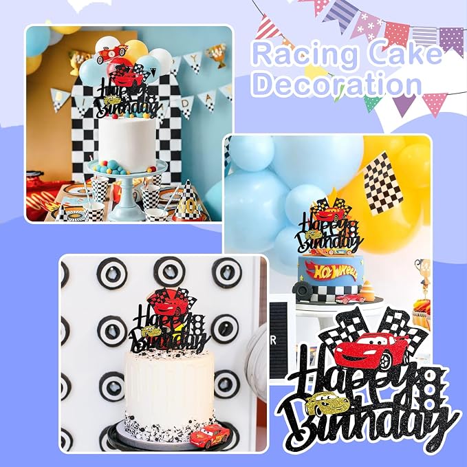 MEMOVAN Car Birthday Cake Topper Race Car Cake Decoration for Boy Girl Man Racing Car Checkered Flag Themed Birthday Party Supplies Double Sided
