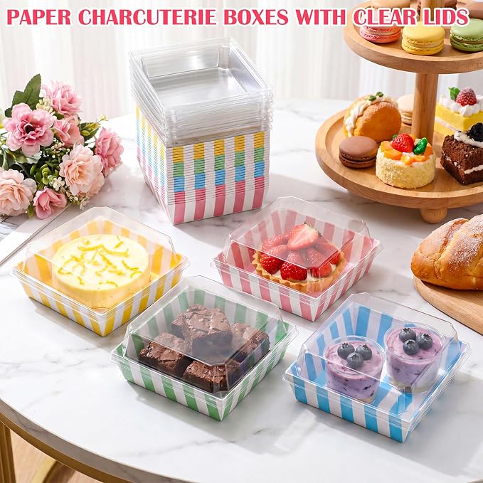 Vesici 200 Pcs 5 Inch Small Charcuterie Boxes with Clear Lids Cake Slice Containers Striped Paper Bakery Boxes Disposable Food Containers for Dessert Cookie Sandwich Mini Cake Strawberry