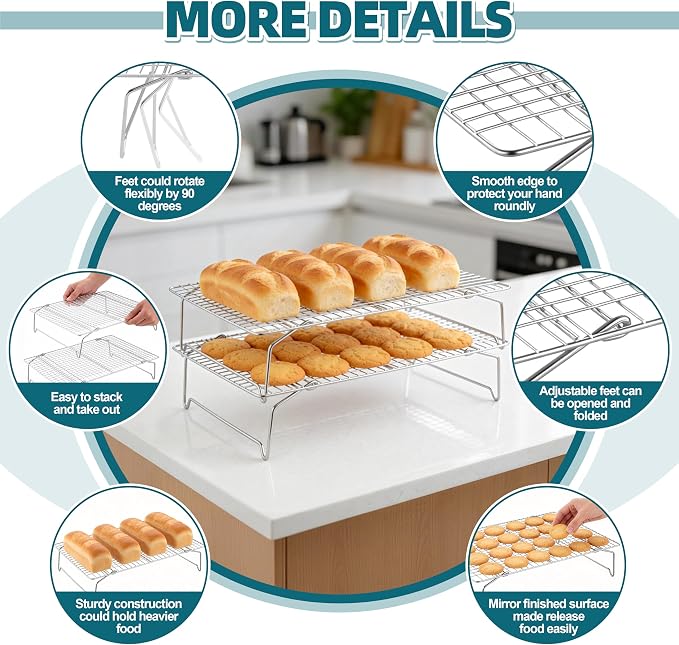 P&P CHEF 5 Tier Cooling & Baking Racks, Stainless Steel Stackable Grid Cooking Rack for Cooling Roasting Grilling, Collapsible & Heavy Duty, Oven & Dishwasher Safe, 15" x 10"
