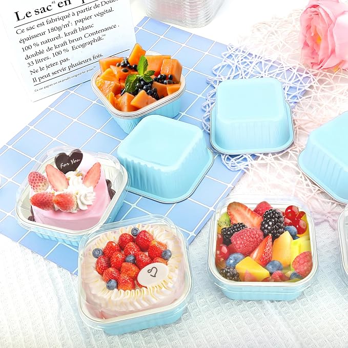 60Pack 5oz Blue Mini Cake Pans with Lids Baking Cups Aluminum Foil Pans Tins, Individual Dessert Cups Containers for Sales,Party,Picnics