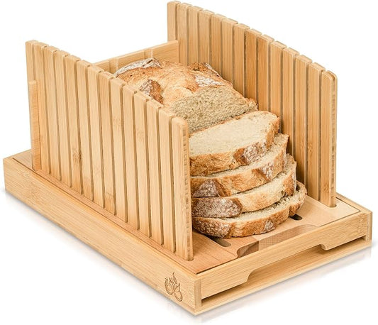 Bread Slicer for Homemade and Sourdough Bread - Hard Maple Wood and Bamboo, Adjustable Slicing Guide for Even Slices with Crumb Tray for Easy Cleanup