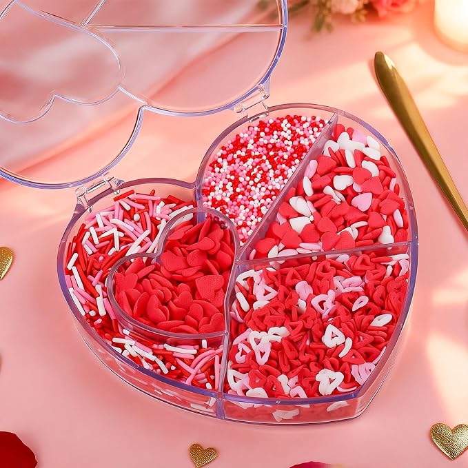 Valentines Sprinkles, 8.8oz Heart Sprinkles for Cake Decorating, 5-Cell Red Pink White Heart Nonpareils Jimmies Mix for Baking, Cookie, Cupcake, Ice Cream, Wedding Party Valentines Supplies