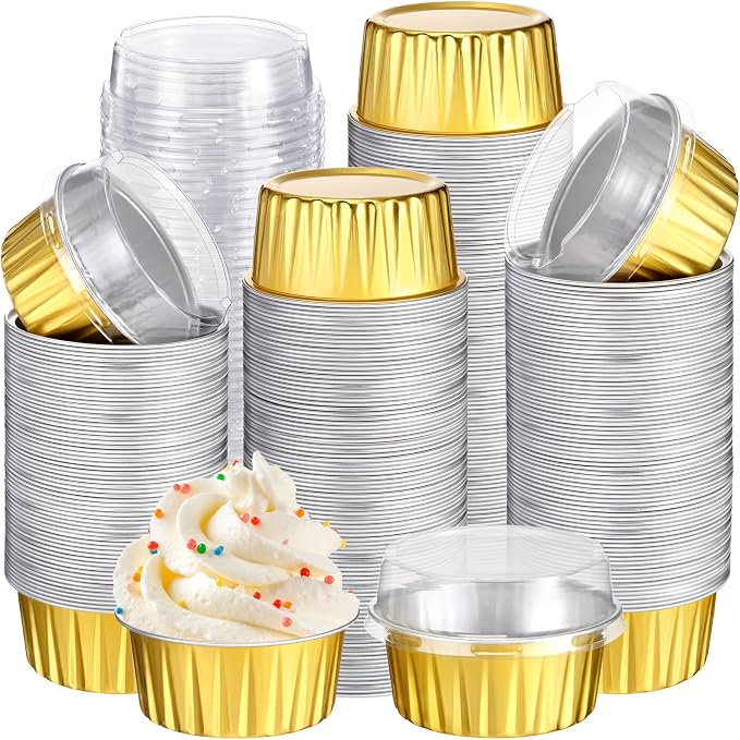 Gejoy 400 Pcs Aluminum Foil Baking Cups with Lids 5 oz Disposable Ramekins Mini Cake Pans Creme Brulee Cupcake Liners Muffin Tins Flan Mold Dessert Container for Wedding(Gold,Classic)