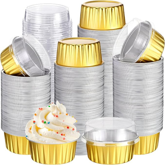 Gejoy 400 Pcs Aluminum Foil Baking Cups with Lids 5 oz Disposable Ramekins Mini Cake Pans Creme Brulee Cupcake Liners Muffin Tins Flan Mold Dessert Container for Wedding(Gold,Classic)