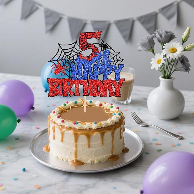 1 PCS Happy 5th Birthday Cake Topper Glitter Spider Web Cheers to 5 Years Five Birthday Cake Pick Superhero Spider Party Decorations for Boys Girls Happy 5th Birthday Party Cake Decorations Supplies