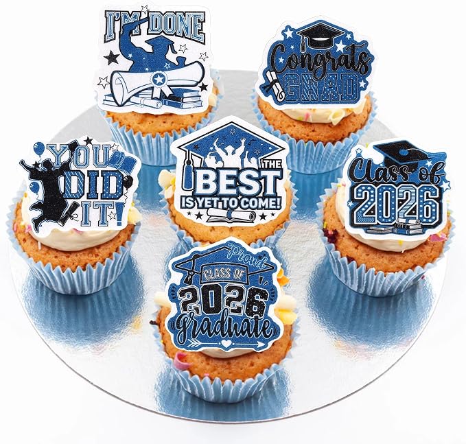 63 PCS Edible 2026 Graduation Cupcake Toppers Congrats Grad Cap Cupcake Picks Edible Diploma Done You Did it Cake Decorations for Class of 2026 Graduation Theme Party Decorations Supplies Black Blue