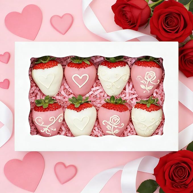 50pcs 8x5x2 Inch Cookie Boxes Bakery Boxes with window Chocolate Covered Strawberries Box Treat Box for Macaroon Dessert Pastry Muffins-White