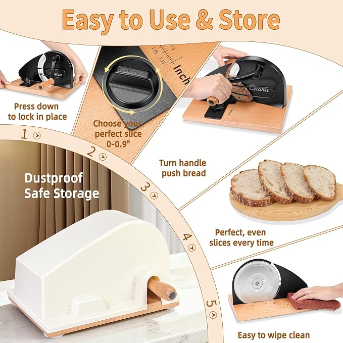 CAWIU Upgraded Manual Bread Slicer for Homemade Sourdough Bread - Adjustable Thickness Bread Cutter with Hand Crank, Suction Cups, Slicing Guide, Scale Line & Cover, for Perfect Even Slices (Black)