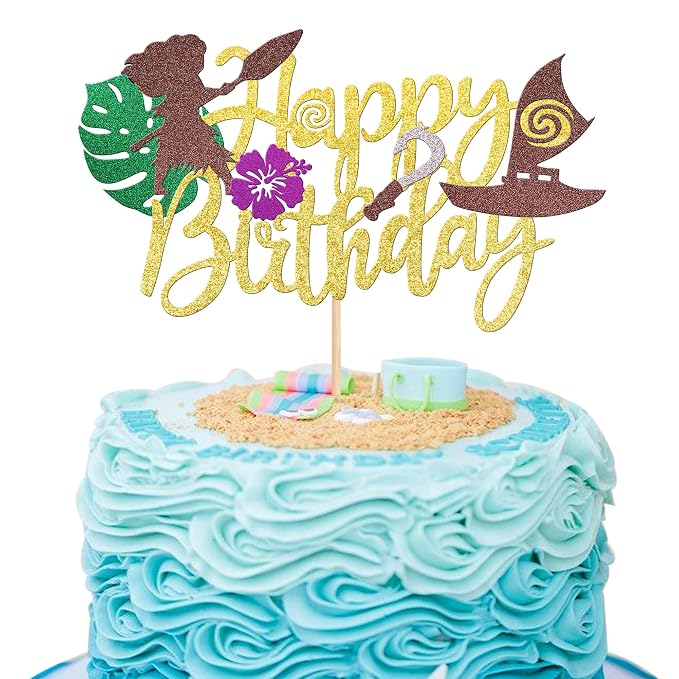 1 PCS Moana Happy Birthday Cake Topper Glitter Palm Leaf Flower Moana Cake Pick Tropical Hawaiian Luau Theme Cake Decorations for Baby Shower Kids Birthday Party Supplies Gold