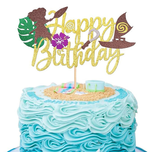 1 PCS Moana Happy Birthday Cake Topper Glitter Palm Leaf Flower Moana Cake Pick Tropical Hawaiian Luau Theme Cake Decorations for Baby Shower Kids Birthday Party Supplies Gold