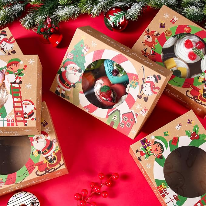 Patimate 12pcs Christmas Cookie Boxes for Gift Giving, 3 Style Brown Kraft Paper Bakery Boxes with Window, Xmas Holiday Treat Containers With Lids for Cookie Cupcakes Donuts Candy