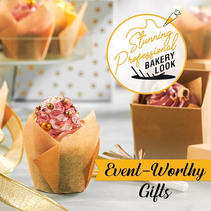 Tulip Cupcake Liners, Muffin Liners for Baking by Baker’s Signature – 200pcs of Parchment Paper Cups Cupcake Wrappers – Perfect Size, Sturdy, Greaseproof & Easy to Use – Wedding Decor – Natural Brown