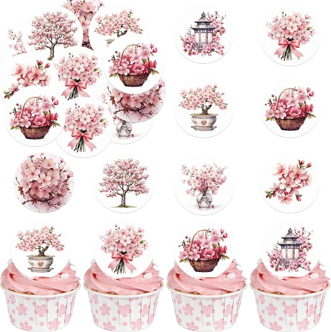 36PCS Edible Cherry Blossoms Cupcake Toppers Japan Edible Cherry Flowers Bouquet Cake Picks Wafer Paper Cherry Cupcake Decors for Cherry Theme Party Cake Supplies (Pink Cherry Blossoms)