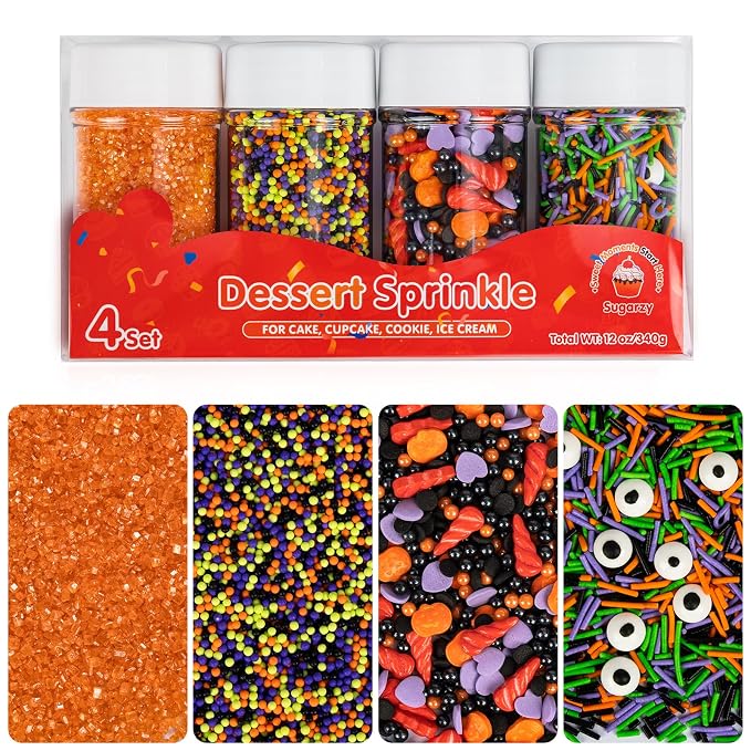 Halloween Sprinkles,Edible Candy Eyeballs,4 Pack,12 ounces,Nonpareils Sprinkle,Thanksgiving Sprinkle,Orange Pumpkin Black Green Pearls Jimmies Sanding Sugar Mix,Perfect for Cake Decorations,Baking,Cookies, Cupcake Topper