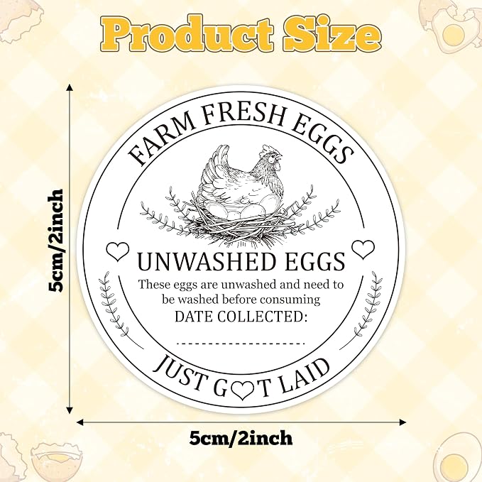 PANTIDE Farm Fresh Eggs Carton Labels Stickers - 500 Count Unwashed Eggs Packaging Adhesive Round Decal Roll, Market Egg Handling Sticker Collected Date for Chicken Quail Duck (2 x 2 Inch, White)
