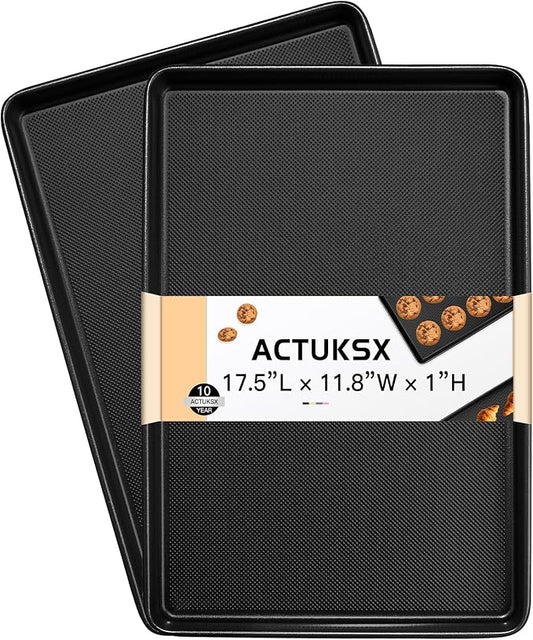Nonstick Baking Sheet Set of 2, Carbon Steel Cookie Pans with Textured Surface – Oven Safe for Baking Cookies, Bread & Roasting (Black 17.5”x11.8”x1”)