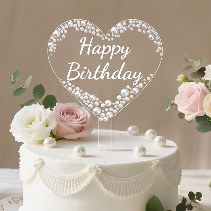 Coucoland Birthday Cake Topper - Heart Acrylic Cake Decor with Elegant Pearls for Party Supplies