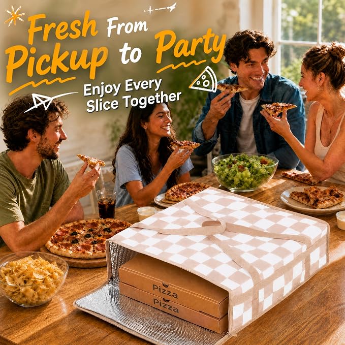 Beige Checkered Pizza Bags for delivery, Checkerboard Insulated Pizza Delivery Bag, Pizza Warmer Bag Pizza Carrier for Food Delivery Bag 20’’x20’’x6’’