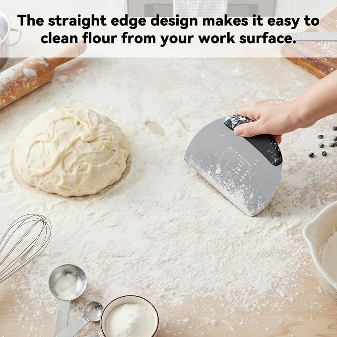 Stainless Steel Dough Scraper with Grip Handles, Premium Stainless Steel Dough Scraper Bench Scrapers Cutter Tool Multipurpose Pro Heavy Duty Pastry Scrapers Cutter with Measuring Scale