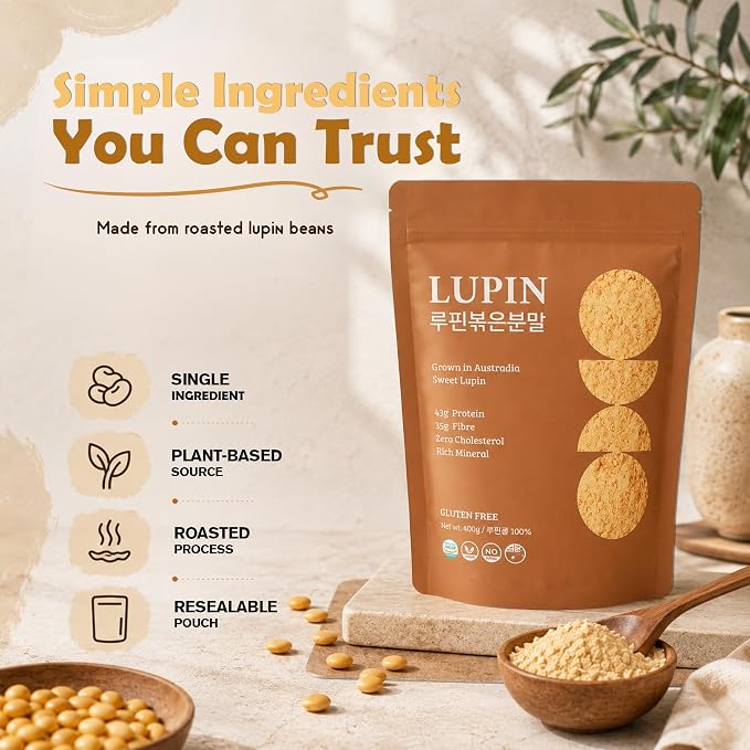 Lupinery Roasted Lupini Beans Flour Powder | 100% Australian Lupin 400g | High Protein Gluten Free Flour Alternative | Low Carb Plant Based Ingredient for Bread Smoothies Cooking and Baking