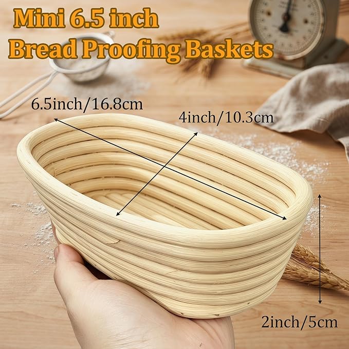 2 Pack 6.5 Inch Oval Bread Proofing Basket,Banneton Basket Bread Baking Bowl with Linen Liner Cloth, for Professional & Home Bakers Baking