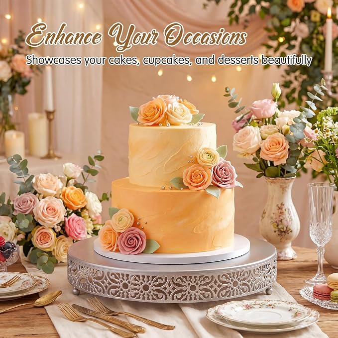 Wenqik 20 Inch Cake Stand Round Metal Cupcake Dessert Wedding Cake Stand Cookies Display Holder Fruit Food Serving Tray for Table Wedding Birthday Anniversary Party Decor (Silver)