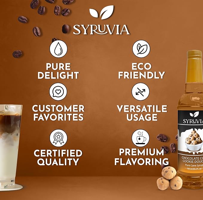 Syruvia Coffee Syrup, Chocolate Chip Cookie Dough Flavored Syrup for Drinks, Lattes, and Desserts – 25.4 fl oz - with Pump