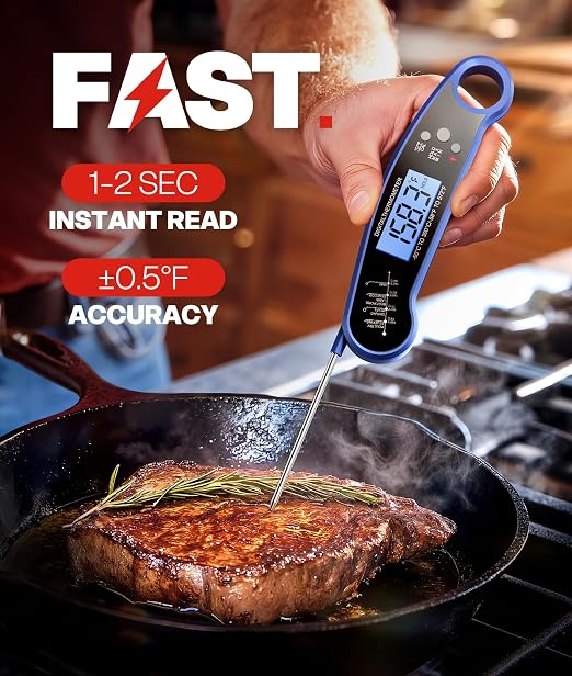 Meat Thermometer Digital – Instant Read Food Thermometer for Grilling, BBQ, Air Fryer, Smoker, Candy Making with Foldable Probe, Kitchen Gadgets, BBQ Essentials, Gift for Dad, Men, Blue