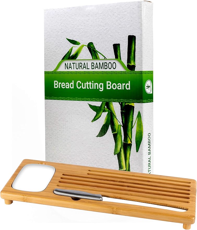 BAMBOO LAND- Large Bamboo Bread Board with Bread Crumb Catcher and Ceramic Dipping Dish