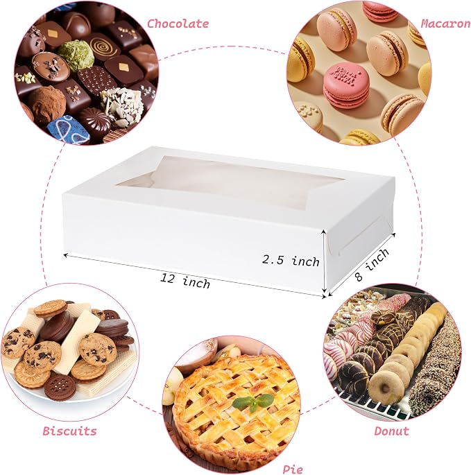 Yeplan 10-Pack Bakery Boxes with Window, 12x8x2.5 Inch Cookie Boxes, White Treat Boxes for Donuts, Muffins, Pies, Chocolates - Dessert Packaging for Baked Goods
