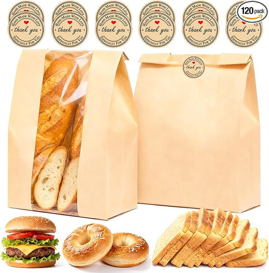 120 Pcs Paper Bread Bags for Homemade Bread with Window, 13.8 x 8.3 x 3.5 in Sourdough Bread Bags with 125 Sealing Stickers, Packaging and Storage of Baked Goods Suitable for Bakers