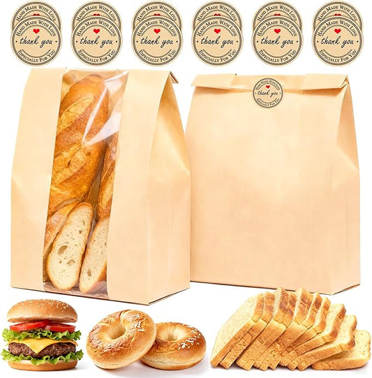 65 Pcs Paper Bread Bags for Homemade Bread with Window, 13.8 x 8.3 x 3.5 in Sourdough Bread Bags with 75 Sealing Stickers, Packaging and Storage of Baked Goods Suitable for Bakers