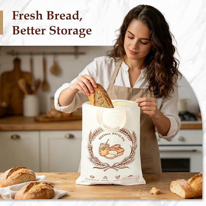 2 Pack Beeswax Bread Bags for Sourdough, 17x13 Inch Reusable Cotton Bread Storage Bags with Zipper and Handle Natural Beeswax Lining Freezer Friendly with 10 Food Labels Included (Wheat Wreath)