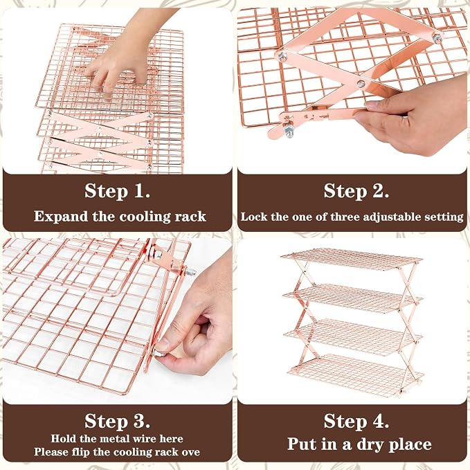 Pleafind 4 Tier Rose Gold Collapsible Cooling Rack - 3 Setting Design, Adjustable ＆ Stackable Baking Rack, 5 Modes Cooling Racks for Cooking and Baking, Roasting ＆ Grilling Gifts for Picnic Party