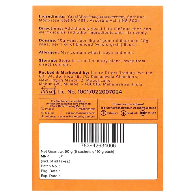 Urban Platter Active Dry Yeast | 1.76 Oz/50g (5 x 10g Packets) | Fast Rising Yeast | Gluten-Free | Long Shelf Life | Ideal for Bread, Pizza Dough, Cakes & Baking